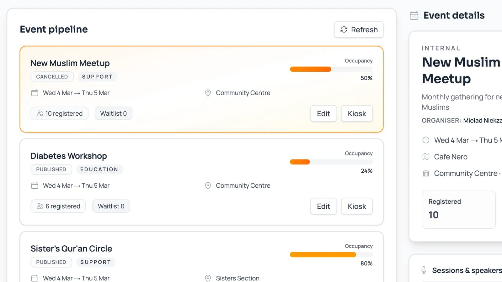 Events calendar management