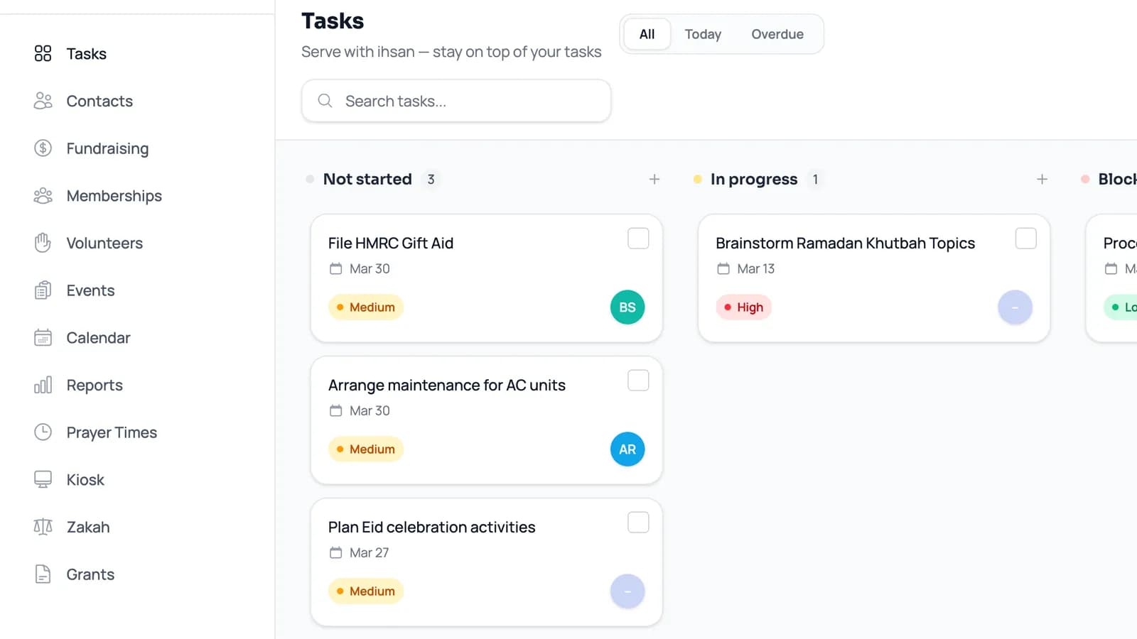 Tasks and Contacts dashboard